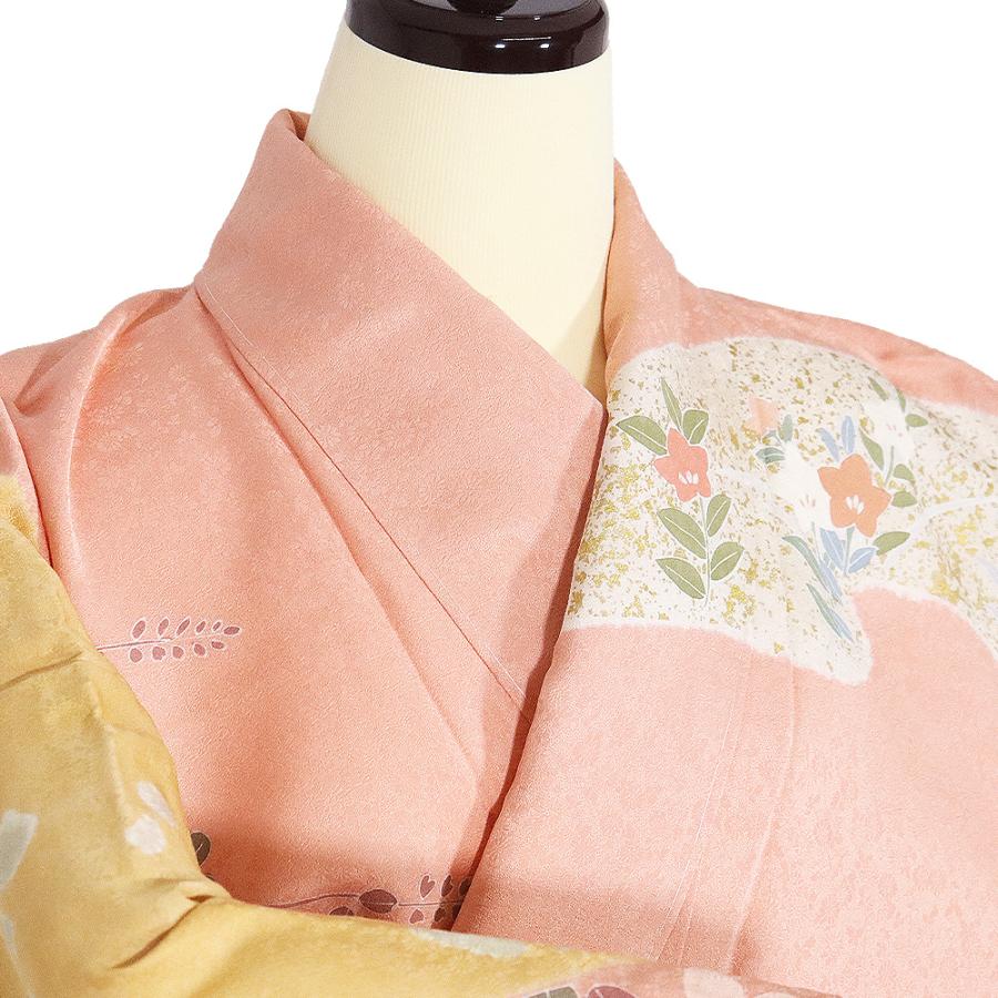 訪問着 袷 正絹 ピンク 橙色 紫 薄緑 赤紫 暈し オシドリ 牡丹 辻が花 菊 雪輪文 Lサイズ ki31743 新品 レディース フォーマル 送料無料の画像