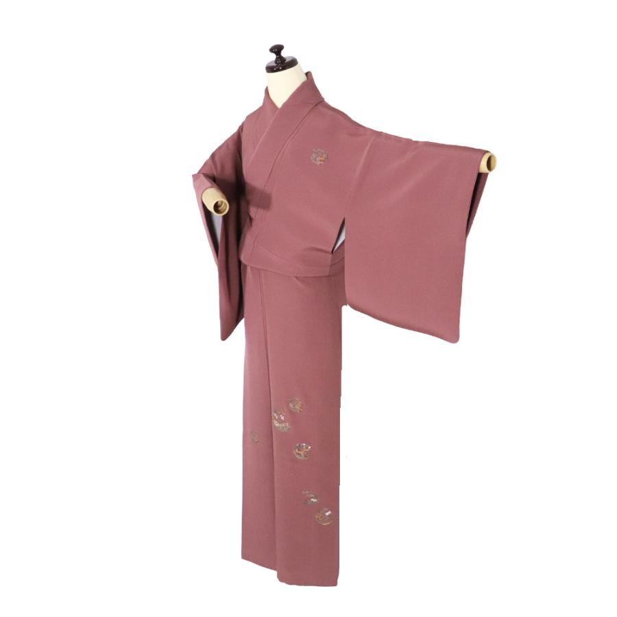 訪問着 袷 正絹 赤紫 刺繍 花丸文 梅 桜 桔梗 菖蒲 撫子 Sサイズ 