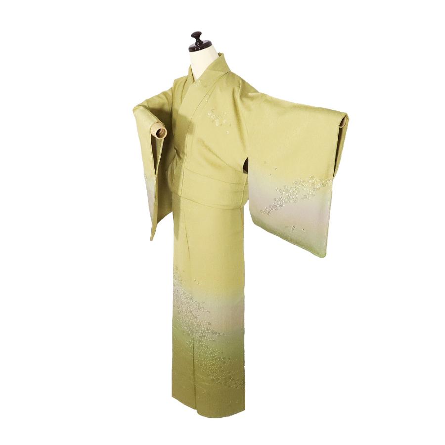 訪問着 袷 正絹 薄抹茶色 グレー 緑 暈し 刺繍 小菊 小梅 Lサイズ ki31823 新品 日本製 レディース シルク ギフト フォーマル 送料無料の画像