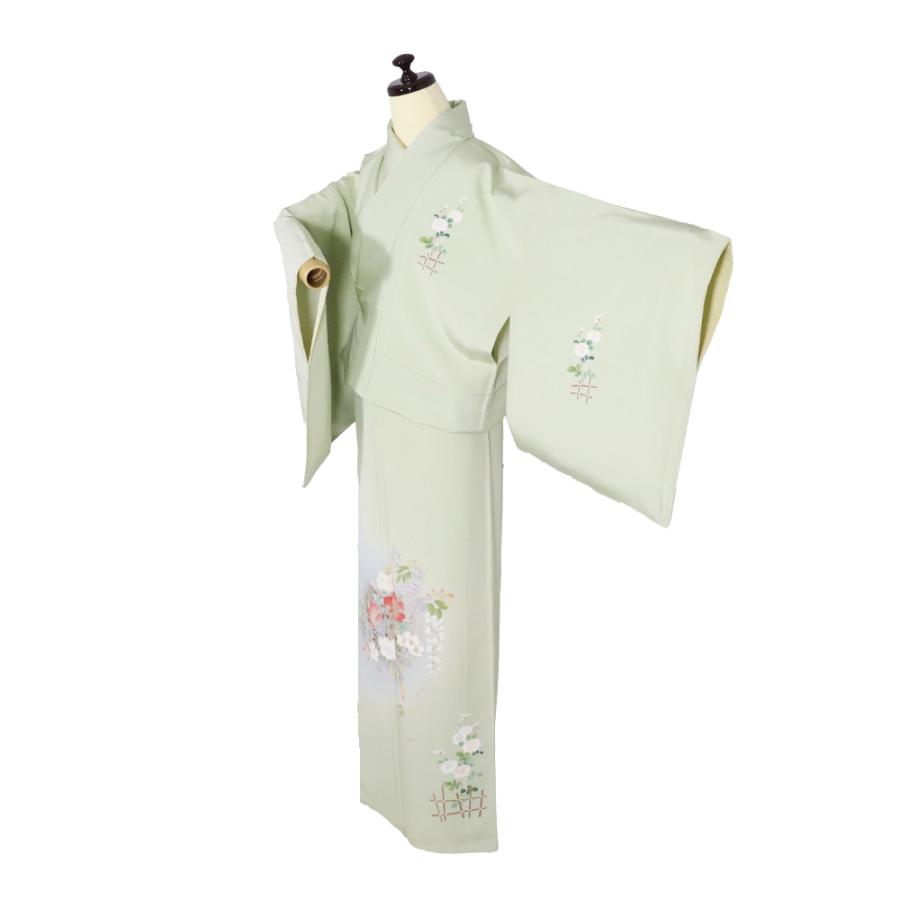 訪問着 袷 正絹 薄緑 暈し 牡丹桜 菊 藤 Lサイズ ki31825 新品 日本製 レディース シルク ギフトフォーマル 30代 40代 50代 送料無料の画像