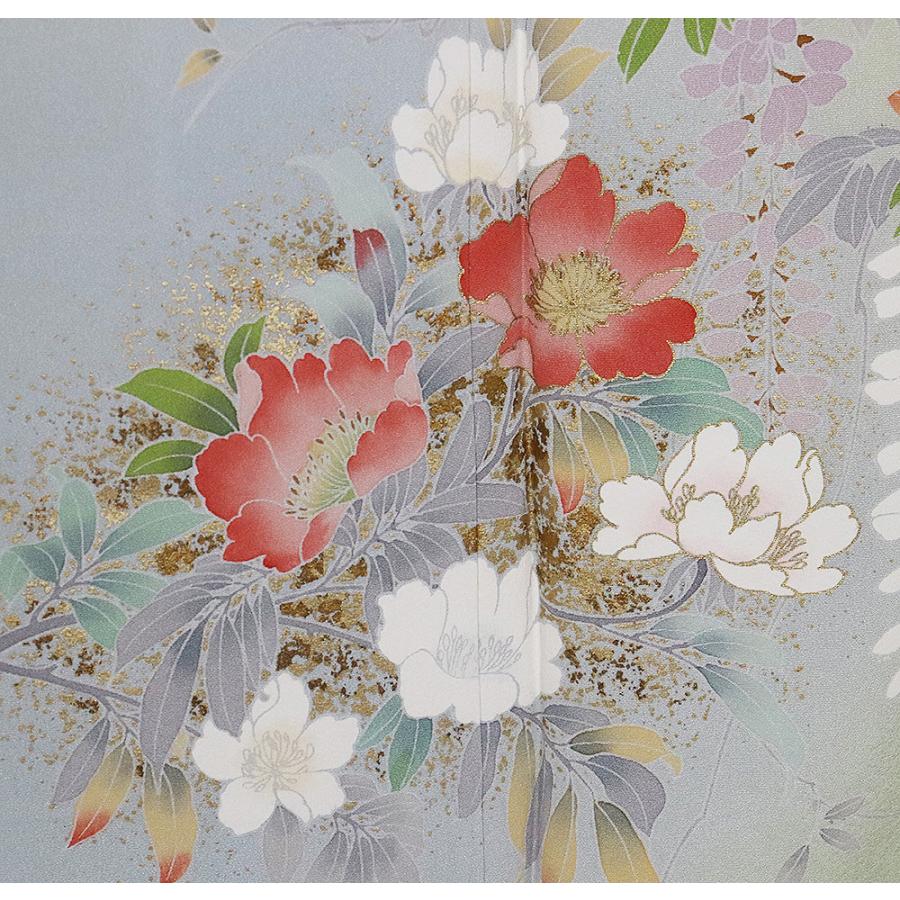 訪問着 袷 正絹 薄緑 暈し 牡丹桜 菊 藤 Lサイズ ki31825 新品 日本製 レディース シルク ギフトフォーマル 30代 40代 50代 送料無料の画像
