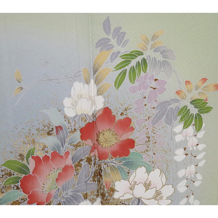 訪問着 袷 正絹 薄緑 暈し 牡丹桜 菊 藤 Lサイズ ki31825 新品 日本製 レディース シルク ギフトフォーマル 30代 40代 50代 送料無料の画像