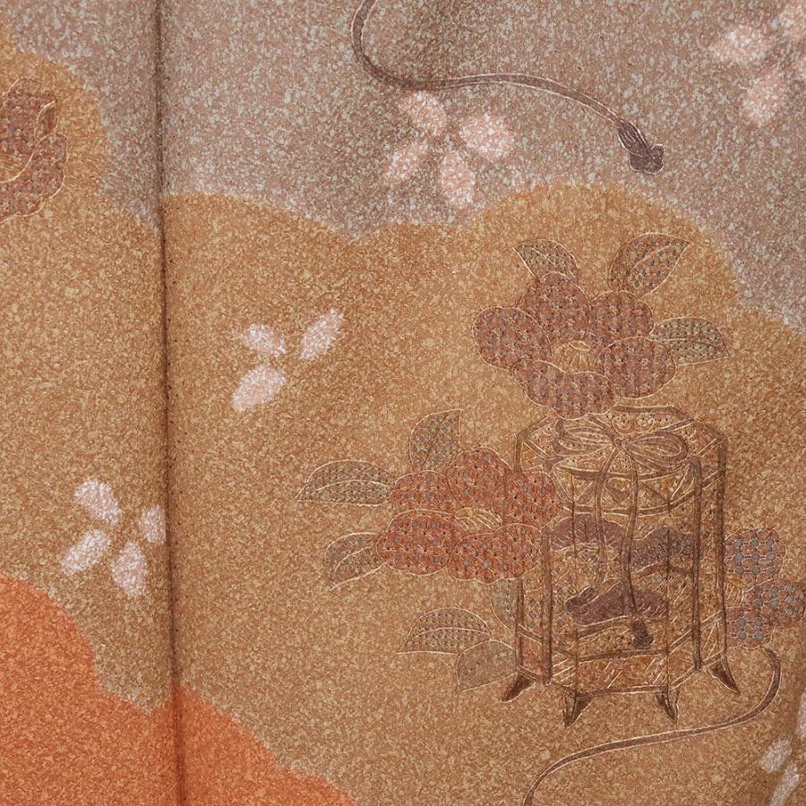 訪問着 袷 正絹 橙色 緑 若草色 暈し 汕頭刺繍 貝桶 花 7号 Sサイズ 