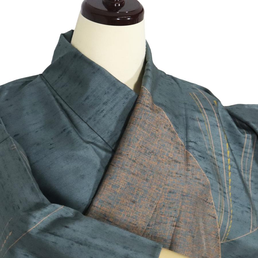 単衣 手織り紬 訪問着 正絹 緑 サーモンピンク 幾何模様 縞 Mサイズ ki31981 未使用品 ひとえ レディース シルク ギフト 送料込み_2