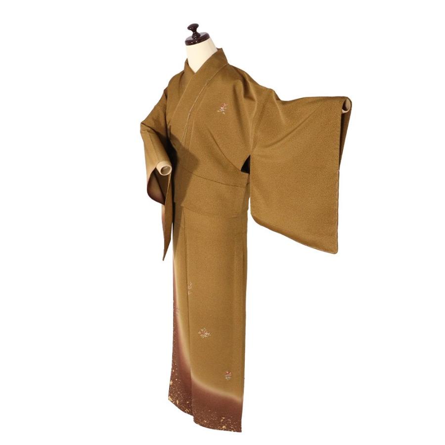 単衣 訪問着 正絹 緑 金茶 赤茶紫 金箔 竹屋町刺繍小花 Lサイズ ki31987 新品 夏着物 レディース シルク ギフト フォーマル 送料無料の画像