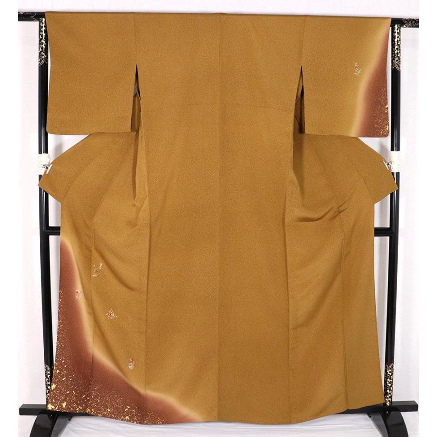 単衣 訪問着 正絹 緑 金茶 赤茶紫 金箔 竹屋町刺繍小花 Lサイズ ki31987 新品 夏着物 レディース シルク ギフト フォーマル 送料無料の画像