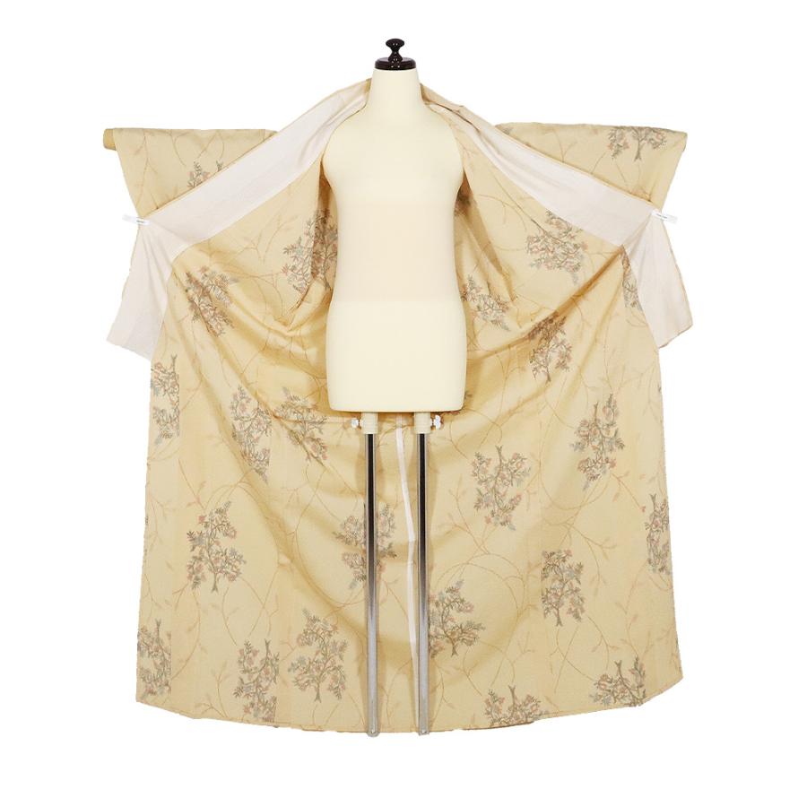 単衣　ベージュ 花柄 　塩沢紬 単衣 塩沢紬 正絹 ベージュ 花柄 Mサイズ ki32221 美品 ひとえ 夏着物
