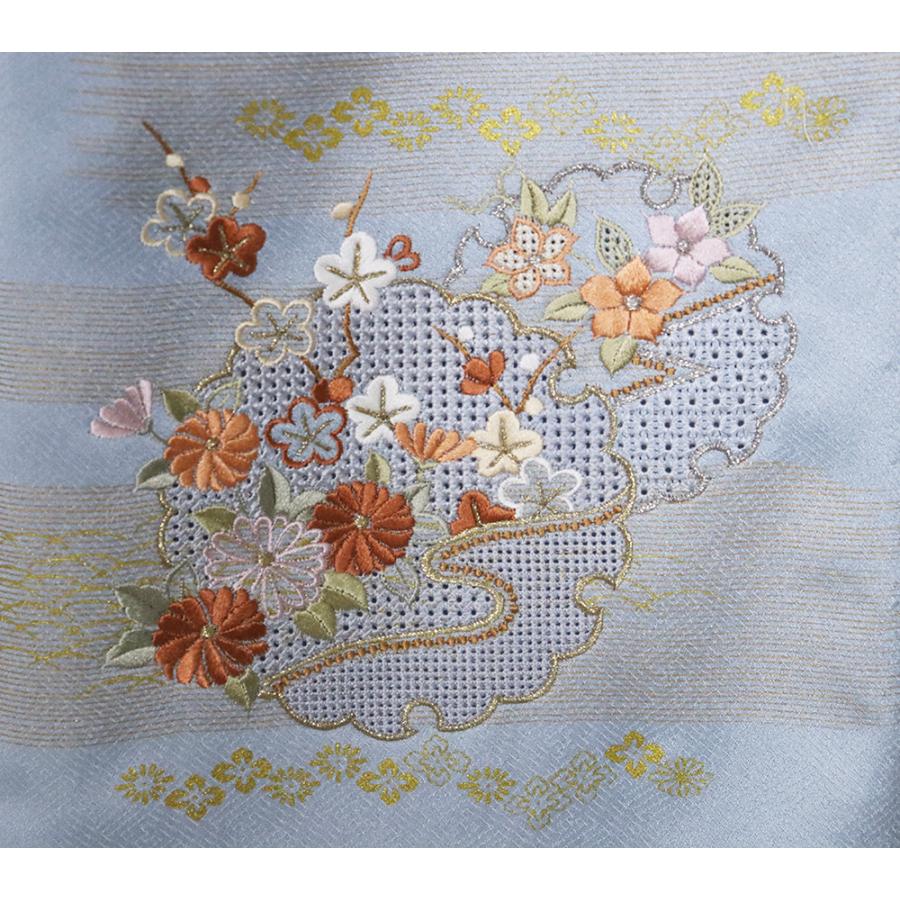 単衣 訪問着 正絹 薄青グレー 青グレー 暈し 刺繍 梅 菊 紅葉 金箔 花 