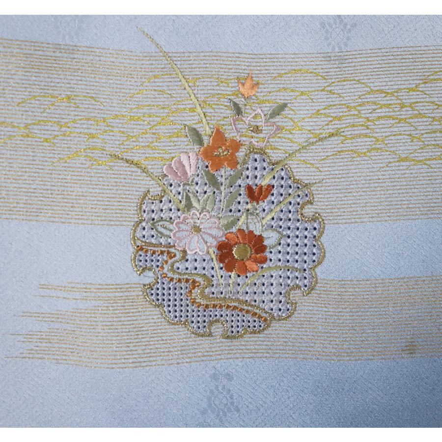 単衣 訪問着 正絹 薄青グレー 青グレー 暈し 刺繍 梅 菊 紅葉 金箔 花 