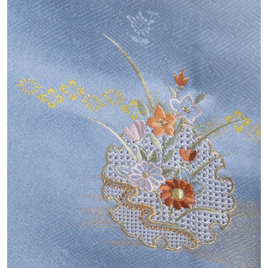 単衣 訪問着 正絹 薄青グレー 青グレー 暈し 刺繍 梅 菊 紅葉 金箔 花 