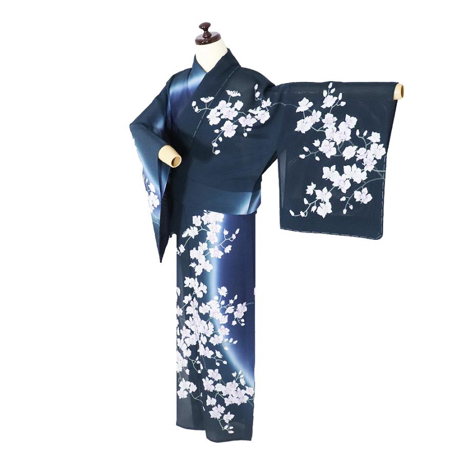 絽 訪問着 正絹 黒 紺 暈し 胡蝶蘭 トールサイズ ki32279 新品 夏着物 盛夏 ほうもんぎ レディース シルク ギフト フォーマル 送料無料の画像