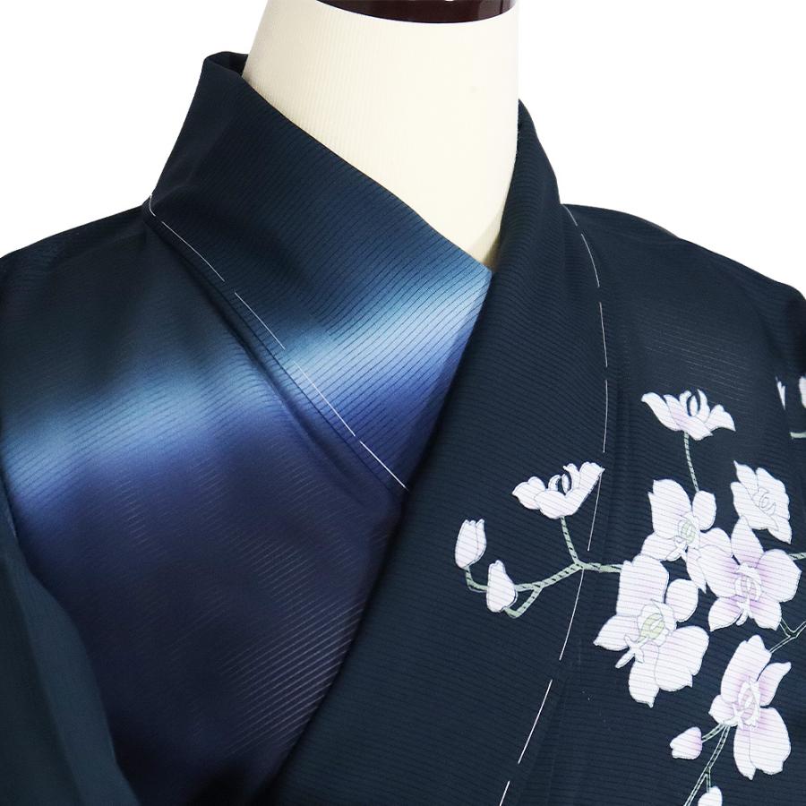 絽 訪問着 正絹 黒 紺 暈し 胡蝶蘭 トールサイズ ki32279 新品 夏着物 盛夏 ほうもんぎ レディース シルク ギフト フォーマル 送料無料の画像