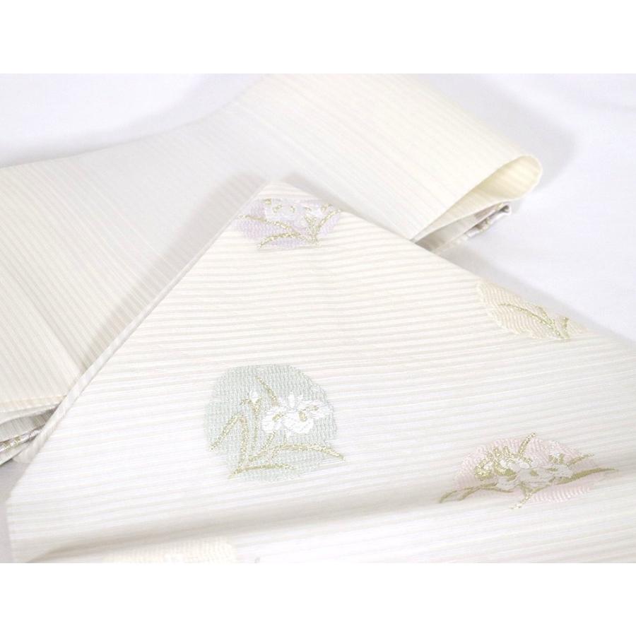 佐々木染織謹製 絽 西陣織名古屋帯 正絹 オフホワイト 薄緑 菖蒲 雪輪 