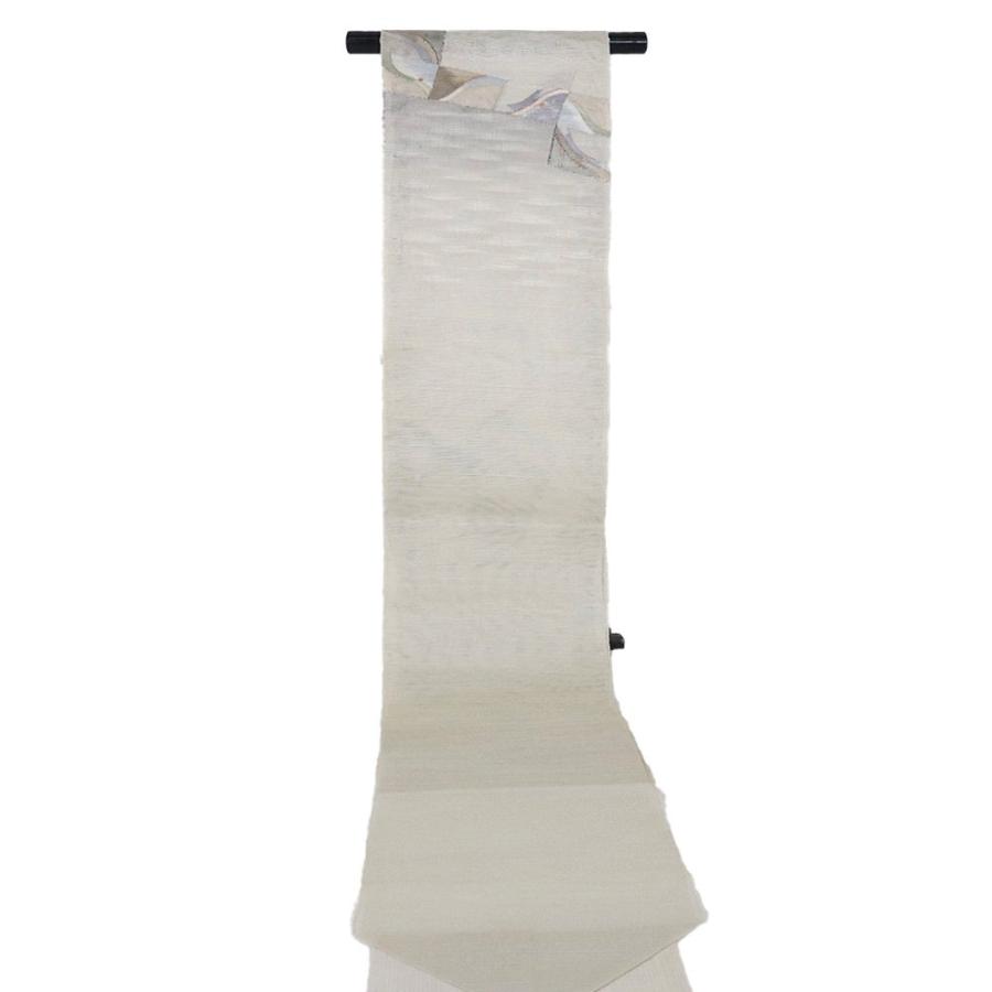 都謹製 紗紬 名古屋帯 正絹 ベージュ グレー 波 格子縞 N2462 未使用品  