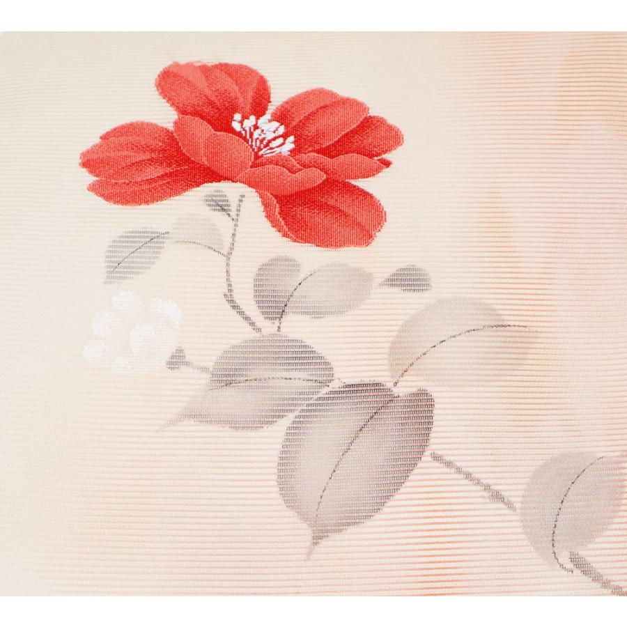 絽 名古屋帯 正絹 クリーム サーモンピンク 花柄 N2482 未使用品 S 