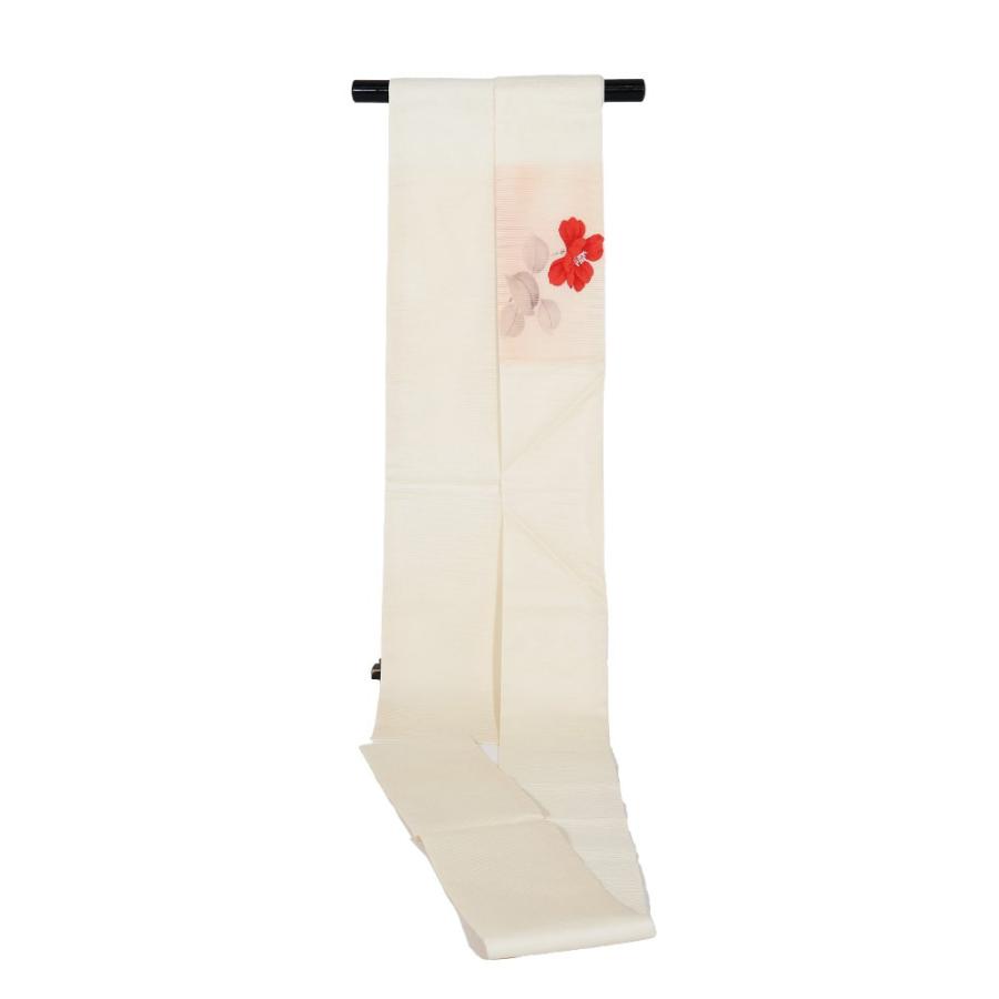 絽 名古屋帯 正絹 クリーム サーモンピンク 花柄 N2482 未使用品 S 