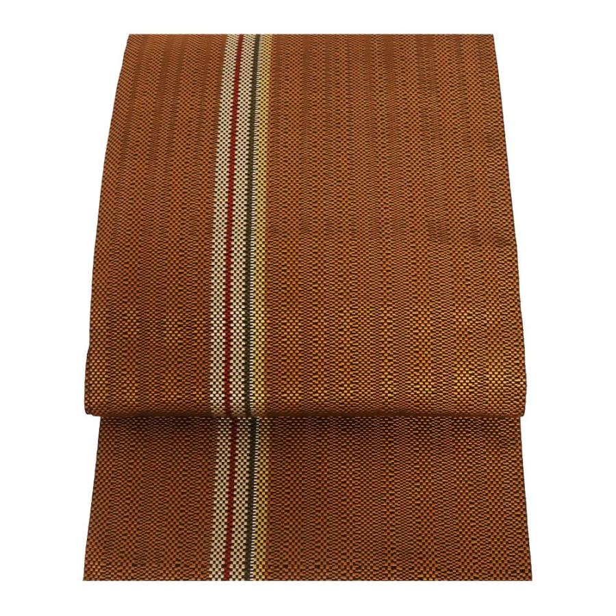 本場筑前博多織 民芸草木染 八寸名古屋帯 正絹 茶色 辛子色 緑 赤 薄  