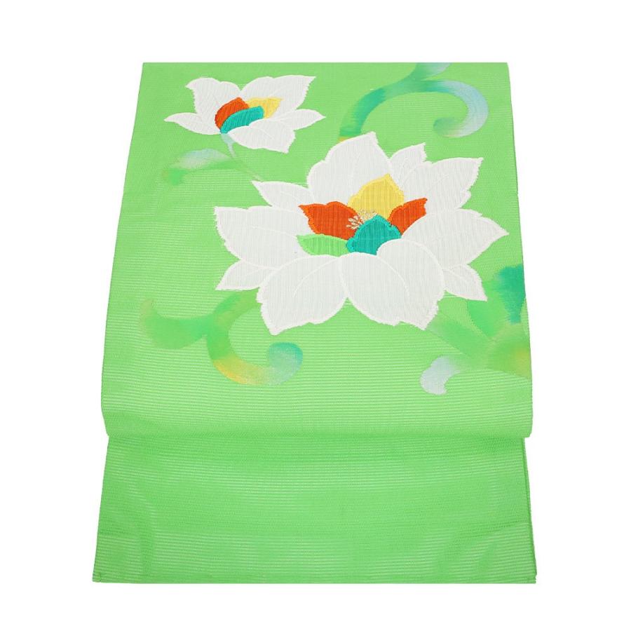 紗 開き名古屋帯 正絹 若草色 花柄 N2834 Sサイズ 未使用品 夏帯 盛夏 