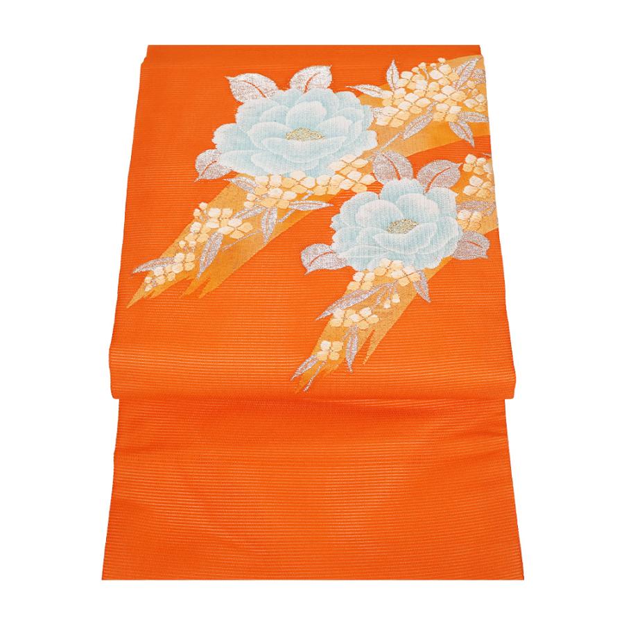 絽紗 名古屋帯 正絹 オレンジ 牡丹 紫陽花 Mサイズ N2916 未使用品 