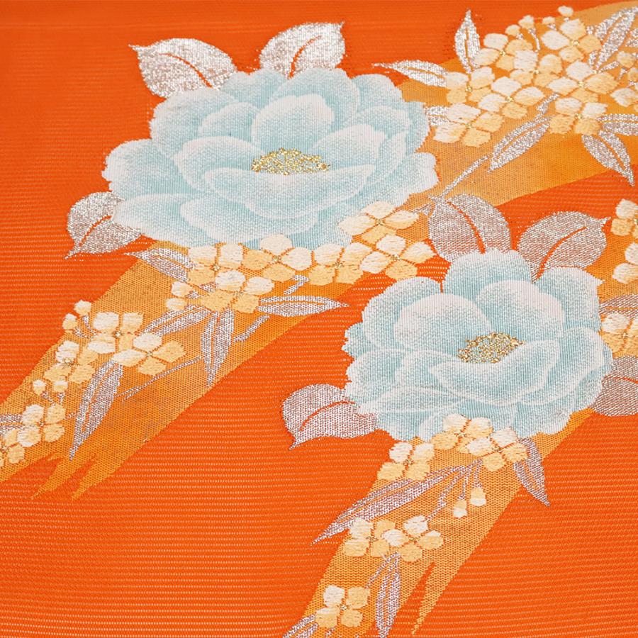 絽紗 名古屋帯 正絹 オレンジ 牡丹 紫陽花 Mサイズ N2916 未使用品 