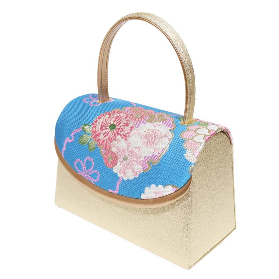 正絹帯草履バックセット　　Fサイズ 振袖用 草履 バッグ セット 正絹 帯地 青 花柄 金 Fサイズ