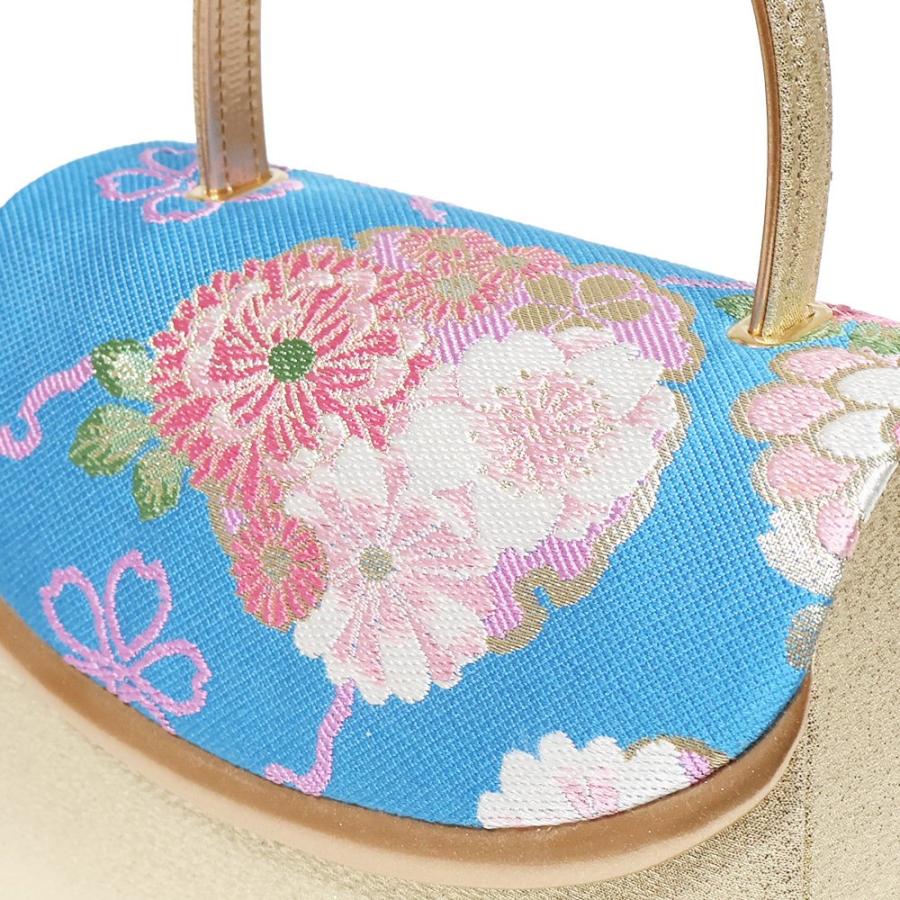 振袖用 草履 バッグ セット 正絹 帯地 青 花柄 金 Fサイズ