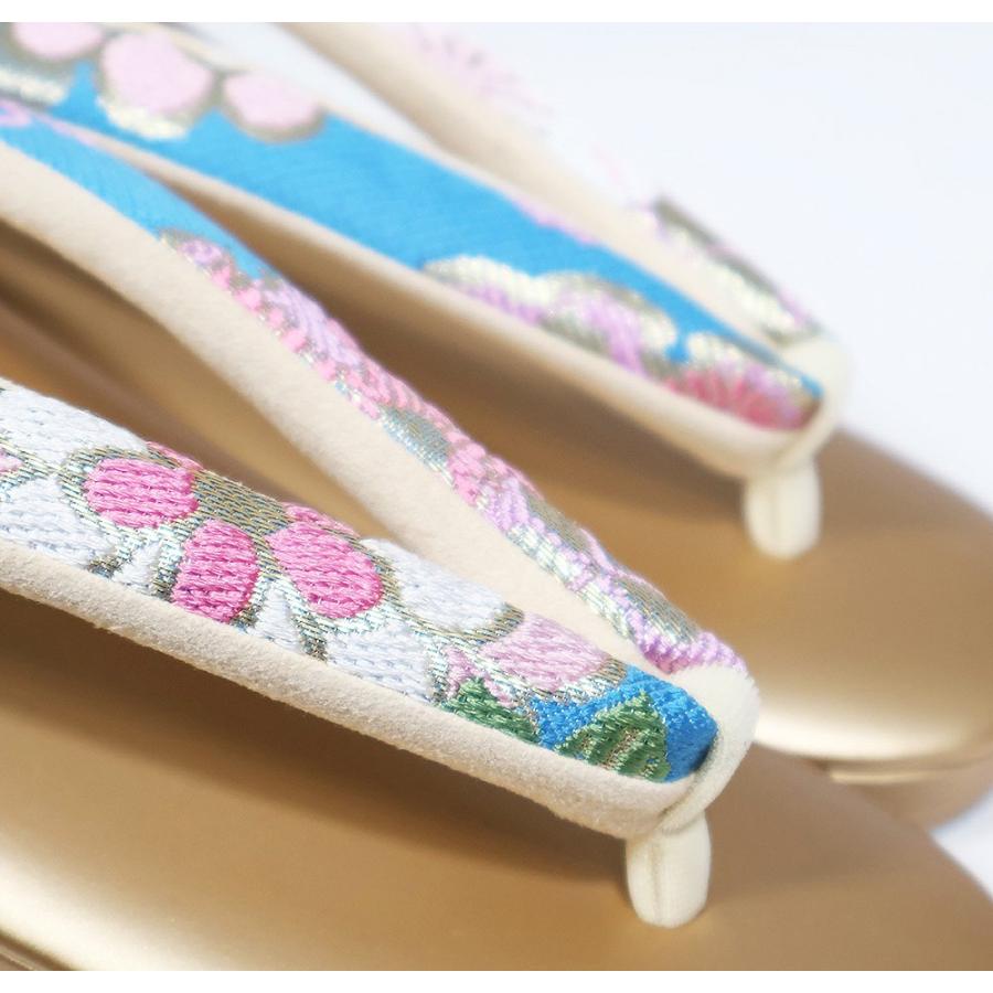 正絹帯草履バックセット　　Fサイズ 振袖用 草履 バッグ セット 正絹 帯地 青 花柄 金 Fサイズ
