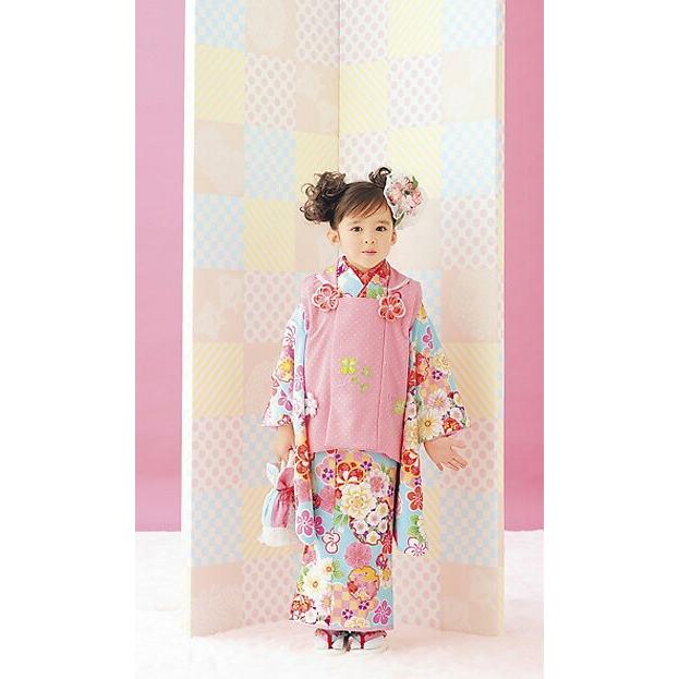 七五三 3歳 被布セット ピンク色×水色 七五三 レンタル 着物 3歳