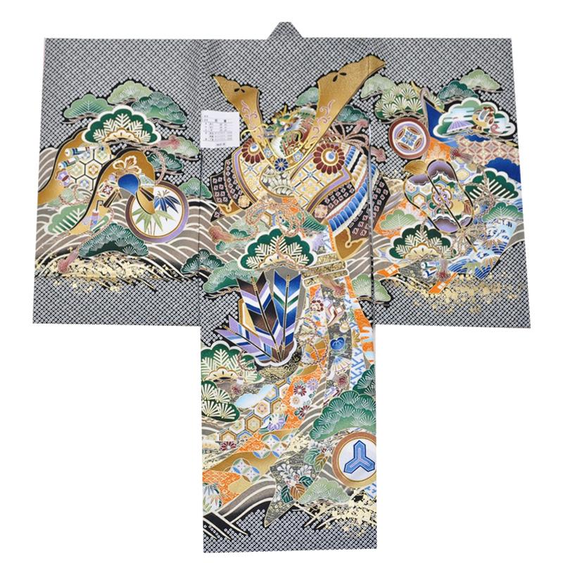 お宮参り 男の子 着物 のしめ 産着 ポリエステル 初着 うぶぎ 襦袢付き 金刺繍入り 黒 疋田 兜 かぶと 男児 祝い着 男 赤ちゃん ベビー bn ubugi11 z_1
