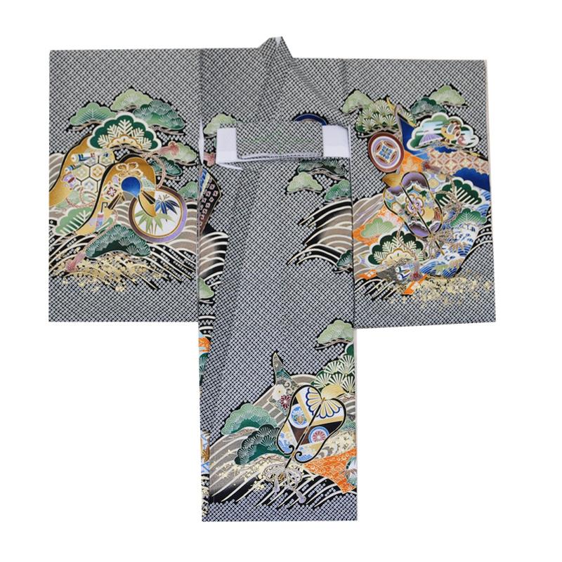 お宮参り 男の子 着物 のしめ 産着 ポリエステル 初着 うぶぎ 襦袢付き 金刺繍入り 黒 疋田 兜 かぶと 男児 祝い着 男 赤ちゃん ベビー bn ubugi11 z_2