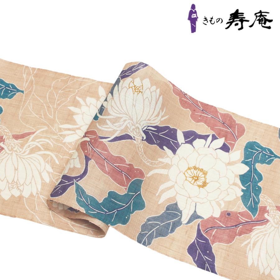 帯 栗山吉三郎 夏九寸名古屋帯 和染紅型 大麻 麻100％ 月下美人
