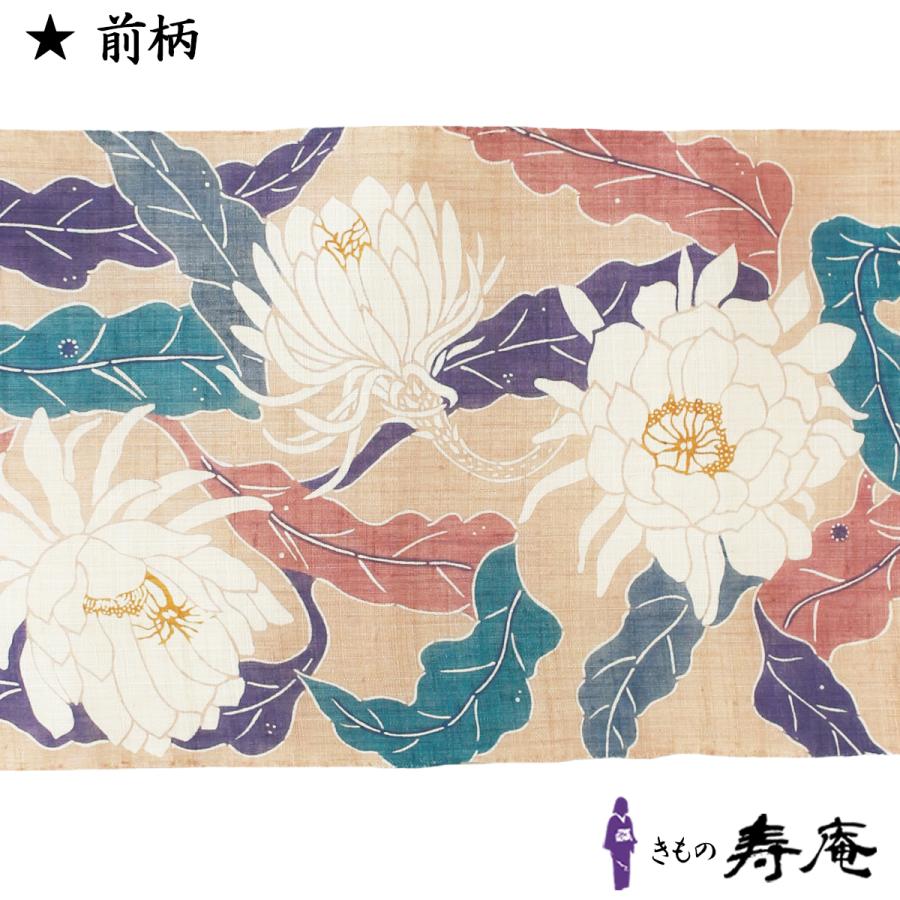 帯 栗山吉三郎 夏九寸名古屋帯 和染紅型 大麻 麻100％ 月下美人