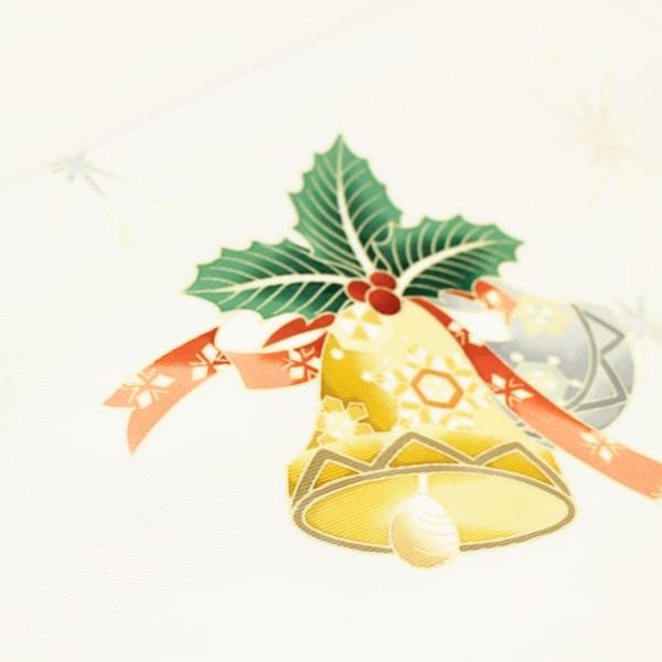 帯 名古屋帯 塩瀬九寸帯 仕立て込み クリスマスベル クリスマスリース 白 ホワイト 反物 かわいい おしゃれ 長浜ちりめん 塩瀬 高見え 一等品 320ｇ 新品 未仕立の画像
