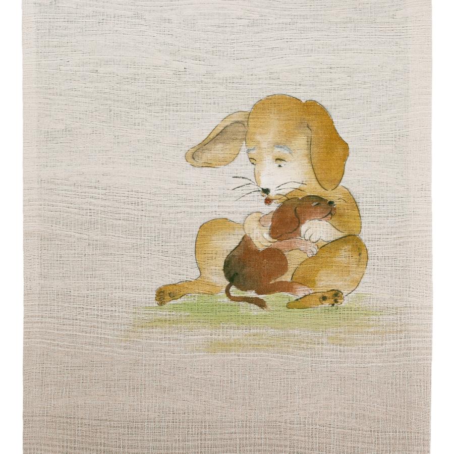 仕立込 袋帯 染帯 染色作家 茂美 紬 櫛織 正絹 紬帯 犬 親子 カジュアル帯 お太鼓柄 ピンクベージュ ベージュ 単衣 袷 新品 未仕立 日本製の画像