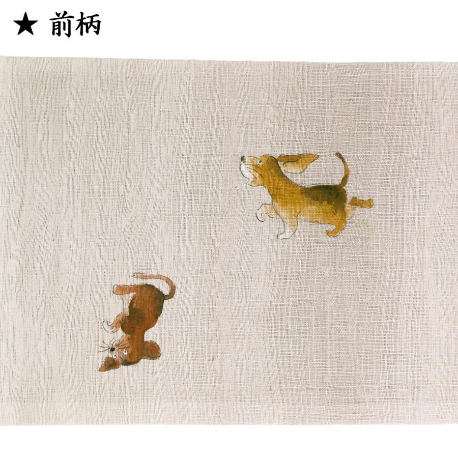 仕立込 袋帯 染帯 染色作家 茂美 紬 櫛織 正絹 紬帯 犬 親子 カジュアル帯 お太鼓柄 ピンクベージュ ベージュ 単衣 袷 新品 未仕立 日本製の画像