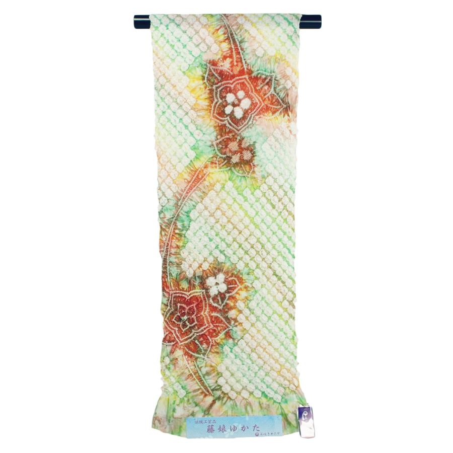 夏着物 浴衣 夏 藤娘 きぬたや 絞り浴衣 花模様 オレンジ 黄色 グリーン 流水 斜めぼかし 鹿の子絞 伝承の手技 反物 有松 鳴海絞り 伝統工芸品 新品 反物 未仕立の画像