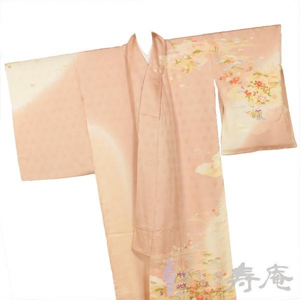 訪問着 極上の京友禅染 正絹 薄ピンク 桜 椿 菊 藤 松 沢潟 アヤメ 梅 