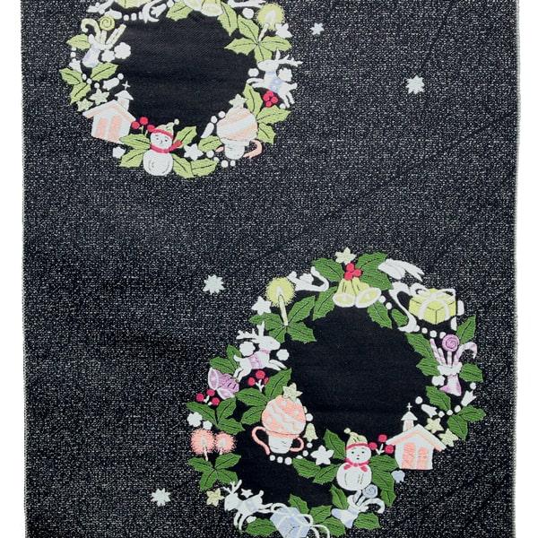 ご購入者様決定済 新品未仕立 九寸名古屋帯 クリスマスオーナメント 黒×金仕立込 帯 名古屋帯 仕立て込 クリスマス サンタ トナカイ 黒地 佐々木染織