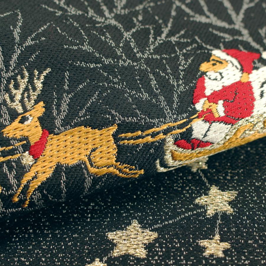 帯 名古屋帯 仕立て込 クリスマス サンタ トナカイ 黒地 佐々木染織
