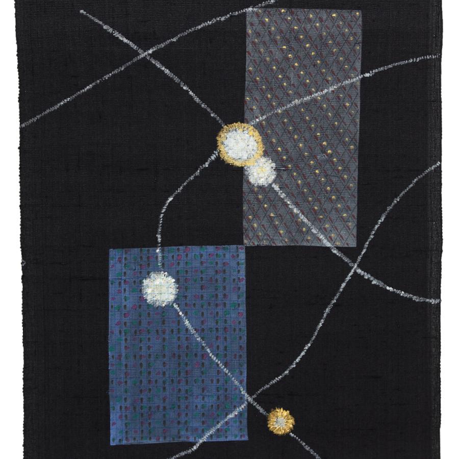 夏帯 名古屋帯 紬帯 上州赤城座繰り紬 夏九寸名古屋帯 型絵紅型染 黒地