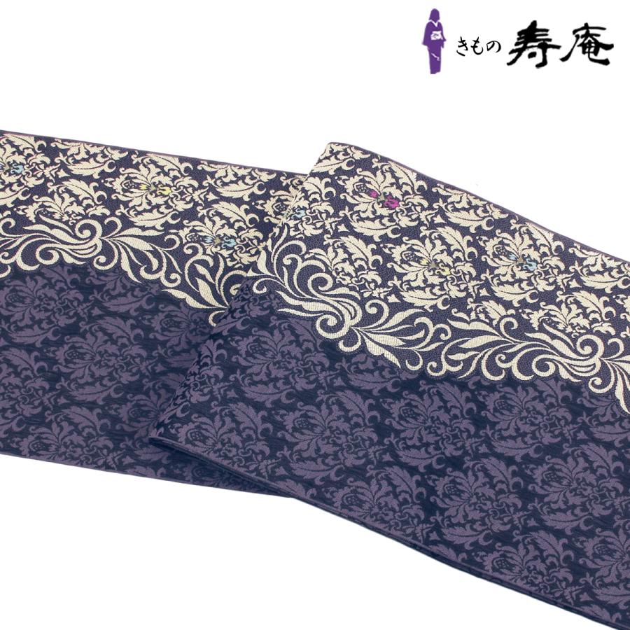 帯 弥栄織物 名古屋帯 仕立て込み 六通帯 片変わり 紫 カジュアル 新品  