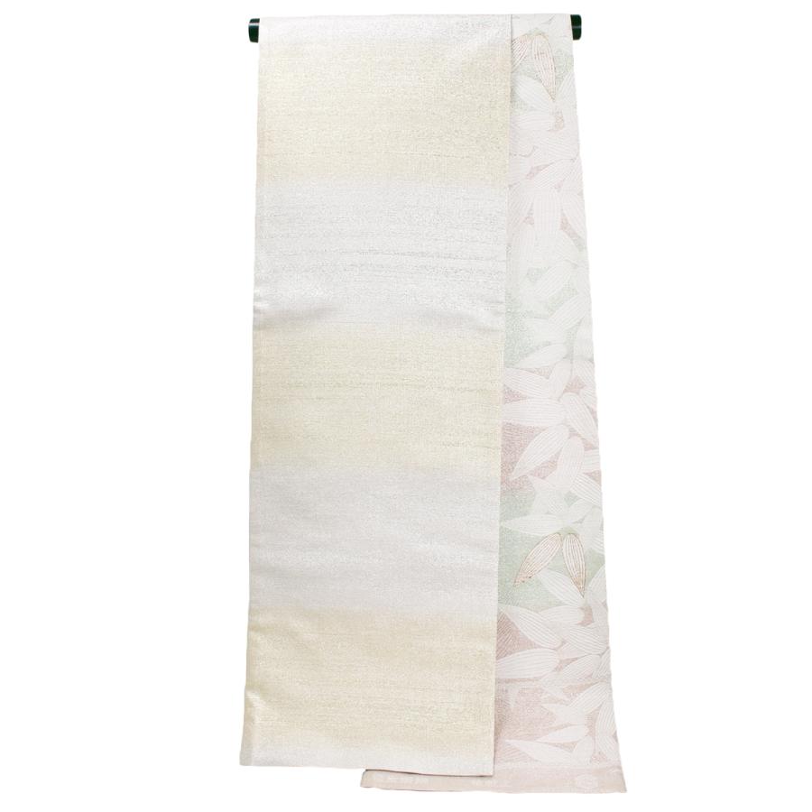 帯 袋帯 綴れ織 ねん金綴錦 仕立込 両面 シルバー ピンク グリーン 金