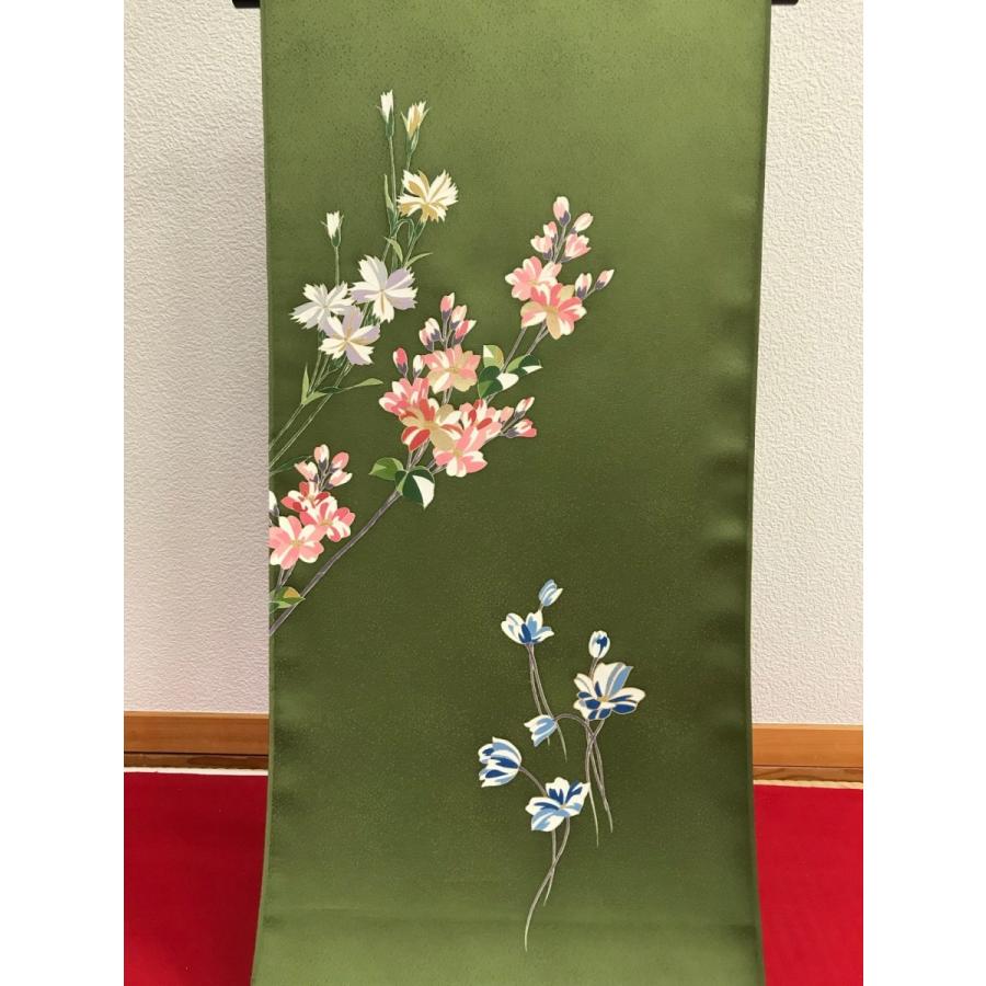 付け下げ つけさげ 京都染め 花柄 抹茶色 丹後ちりめん 反物仕立て付き 1 Purrworld Com