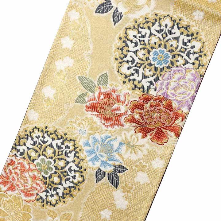 振袖 袋帯 単品 お仕立て上がり「ゴールド 唐花に牡丹と桜」六通柄 日本製 お仕立て上がり 振袖用 袋帯 お仕立て済 振袖帯 結婚式 成人式 (メール便不可)_3