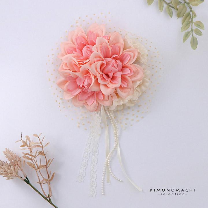 Prices down5）成人式 髪飾り お花「ピンク×白色 花とレース、レース