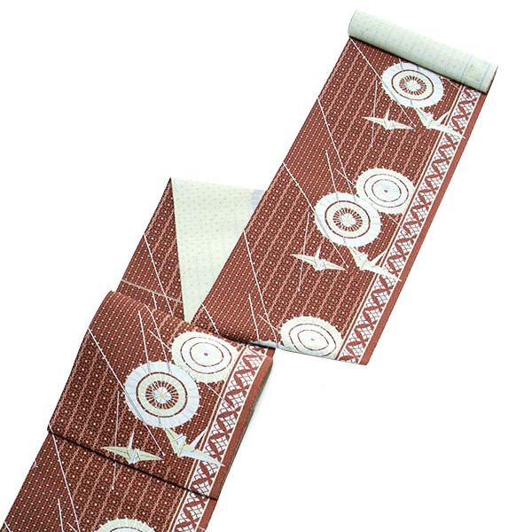 Prices down2）未仕立て 名古屋帯「赤茶色 番傘と折り鶴」（株）廣部 