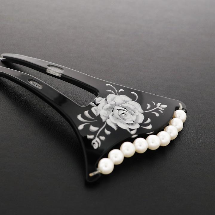 かんざし 髪飾り 銀杏型「黒色 薔薇」 パールビーズ付き イチョウ型