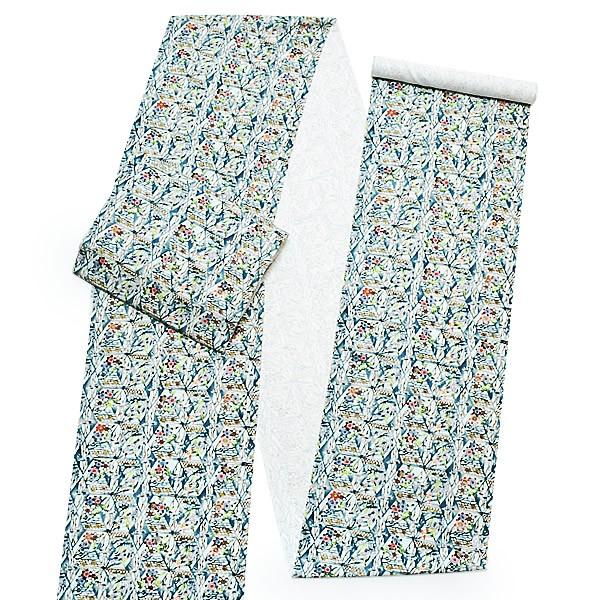 Prices down2）野蚕紬 九寸帯「ブルー 段模様」名古屋帯 未仕立て 浜