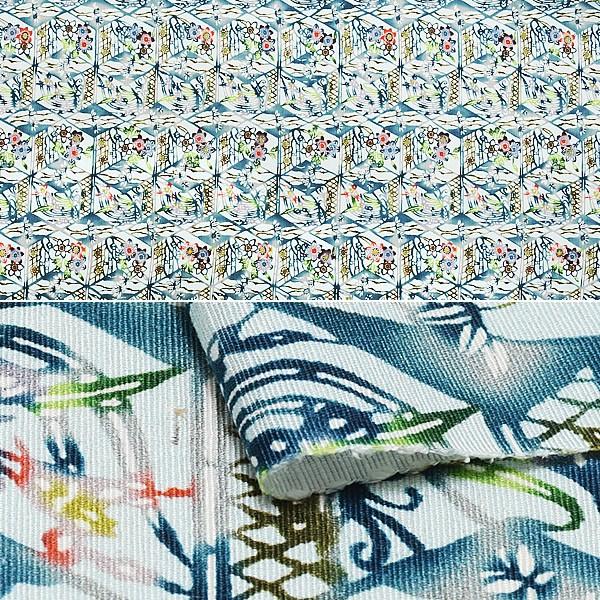 Prices down2）野蚕紬 九寸帯「ブルー 段模様」名古屋帯 未仕立て 浜