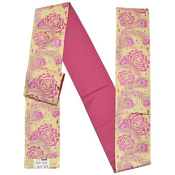 Prices down2）振袖 袋帯「ゴールド 孔雀の羽根、薔薇」長尺 未仕立て  